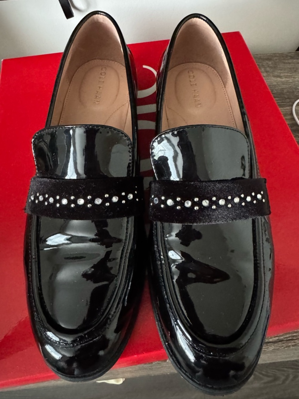 Cole Haan Black Patent Loafers with Velvet Studded Strap